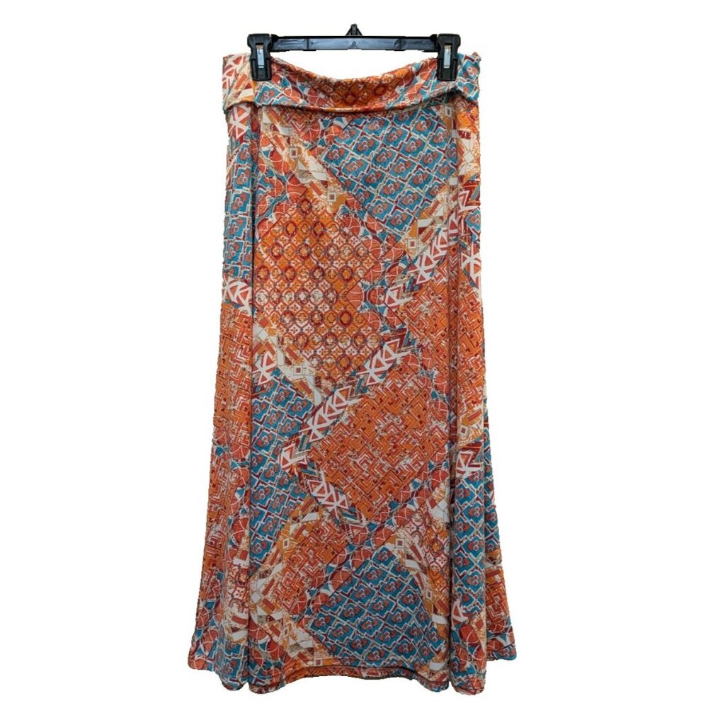 Sophia Jayne Full‎ Maxi Skirt PL Pull On Stretchy Geometric Orange & Blue